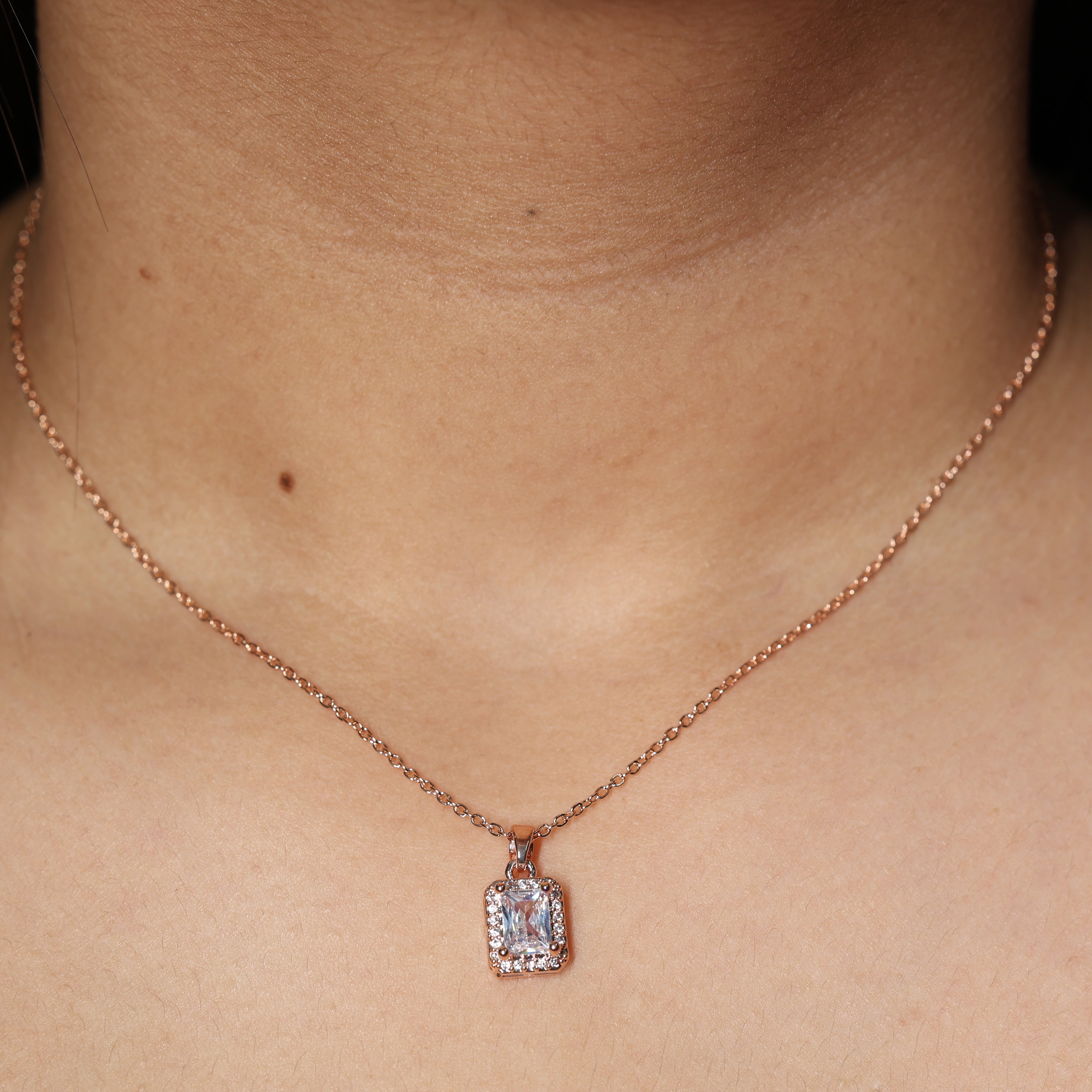 Aurora Spark Rose Gold Rectangle Crystal Pendant Necklace For Women