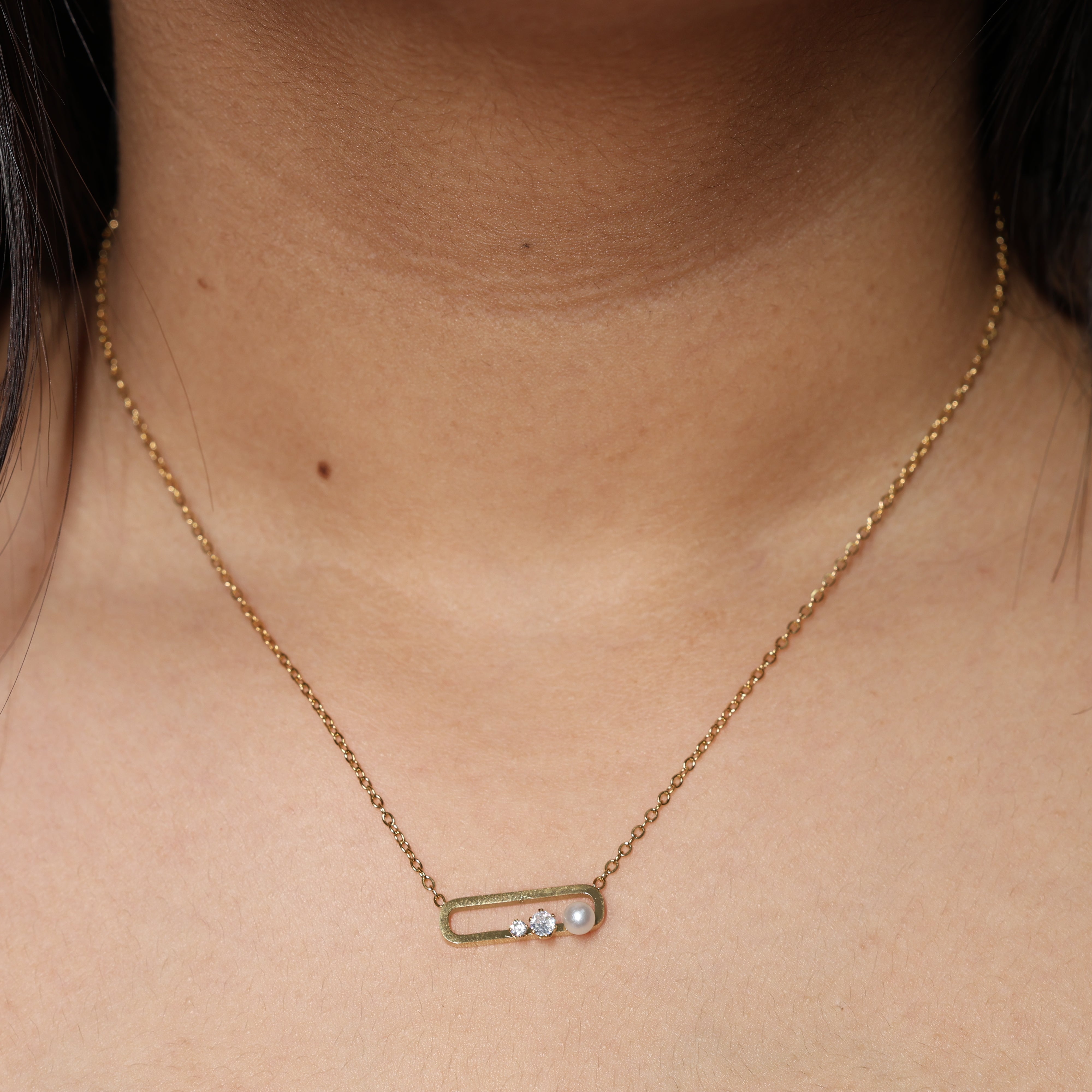Minimalist Gold Bar Pendant Necklace with Pearl & Crystal Accent