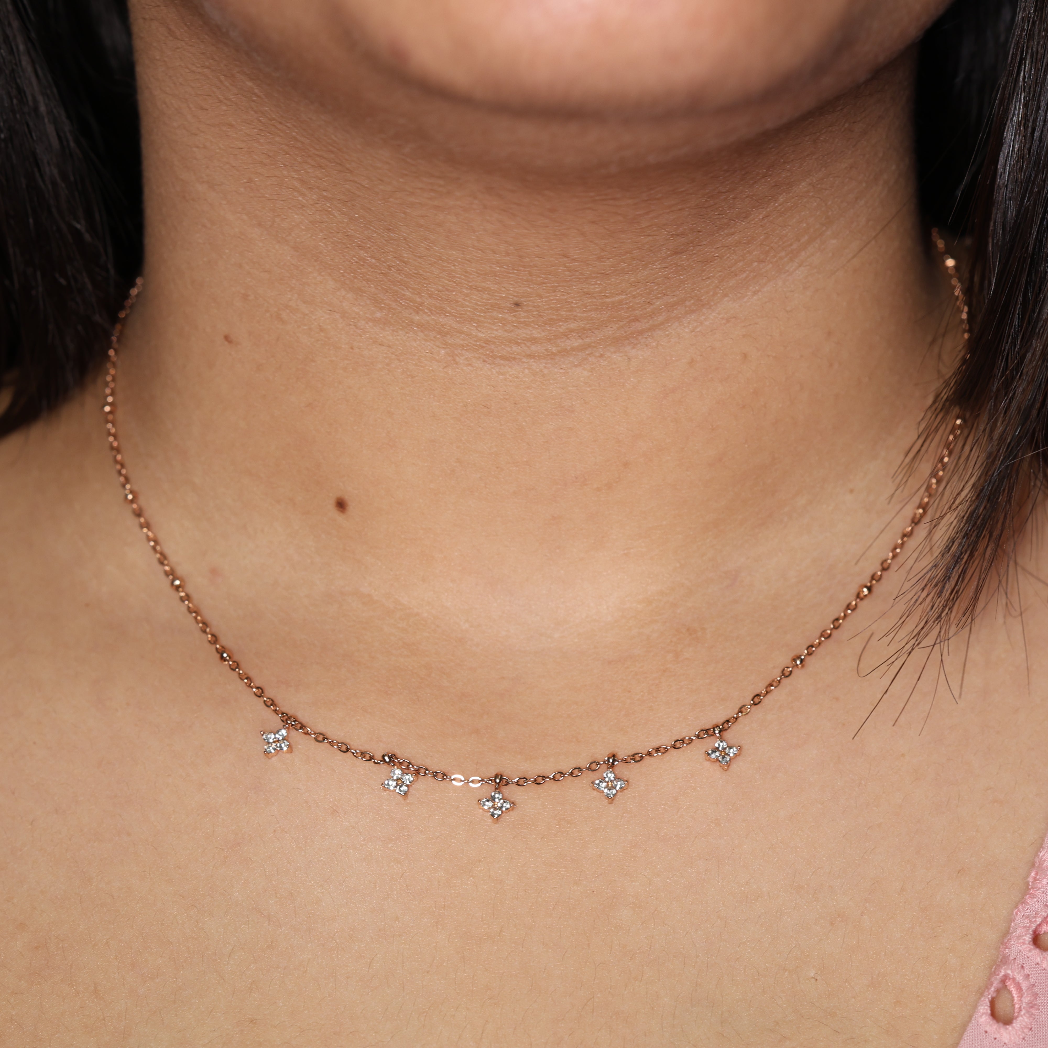 Dainty Rose Gold Floral Charm Necklace with Sparkling Stones