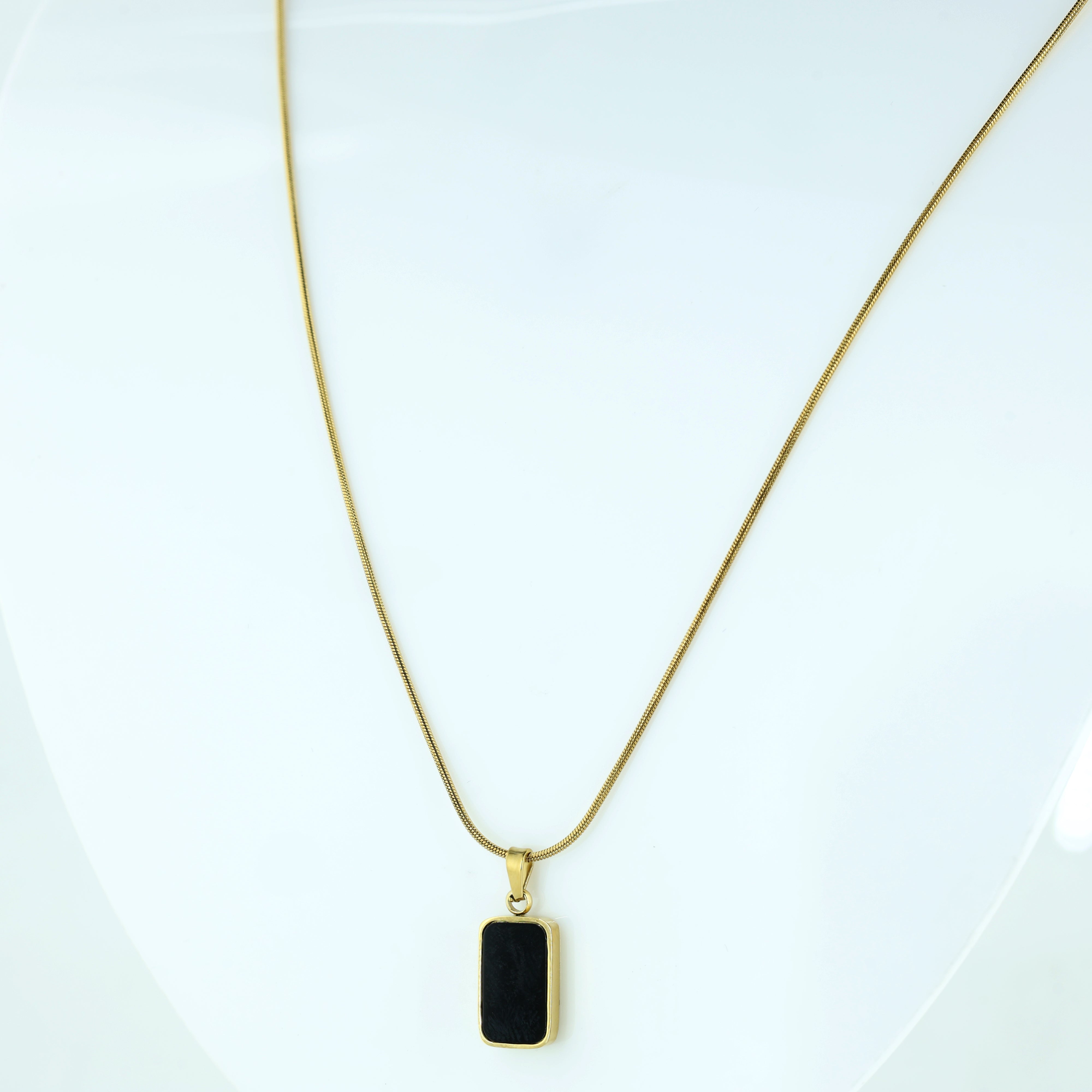 Gold Rectangular Black Stone Pendant Necklace