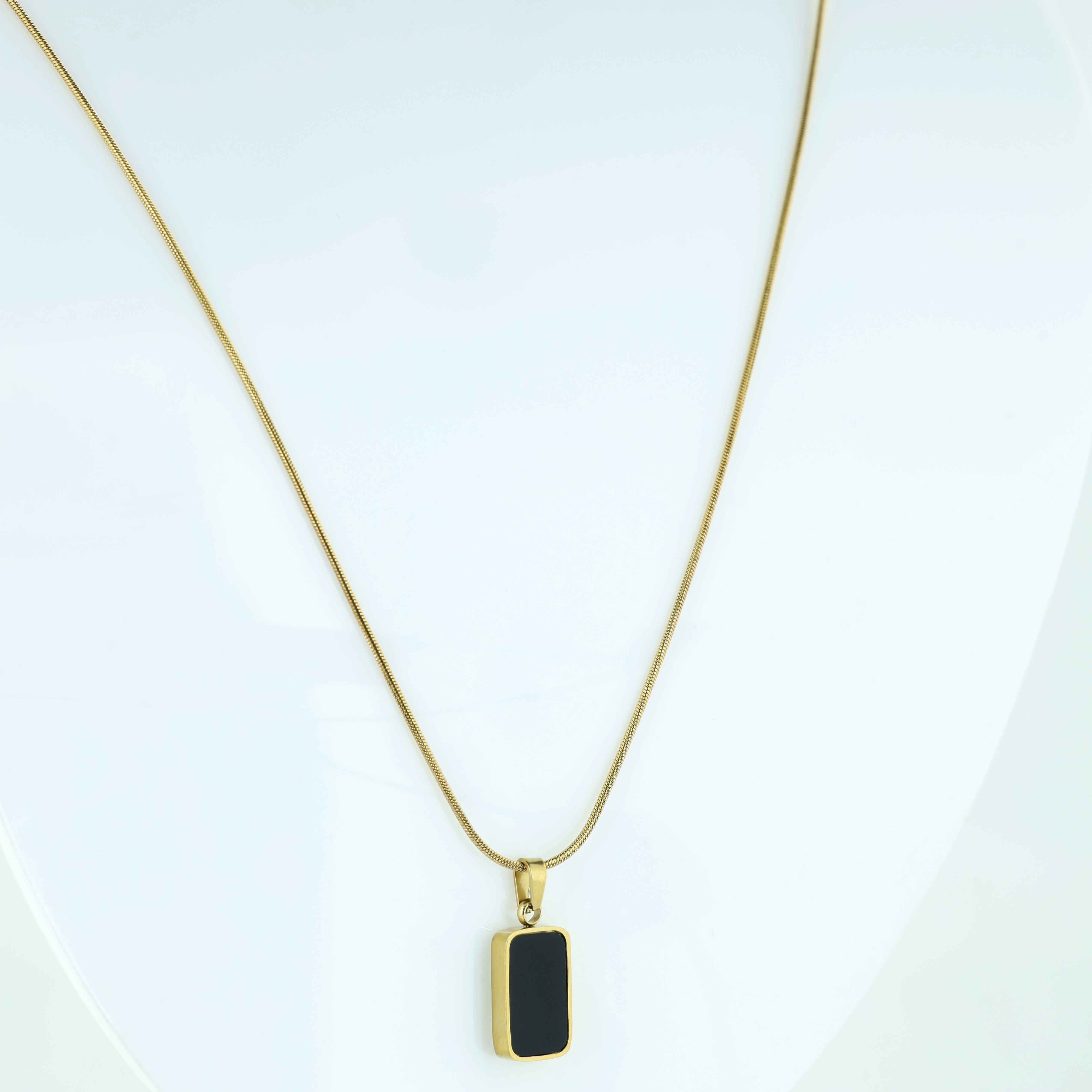 Gold Rectangular Black Stone Pendant Necklace