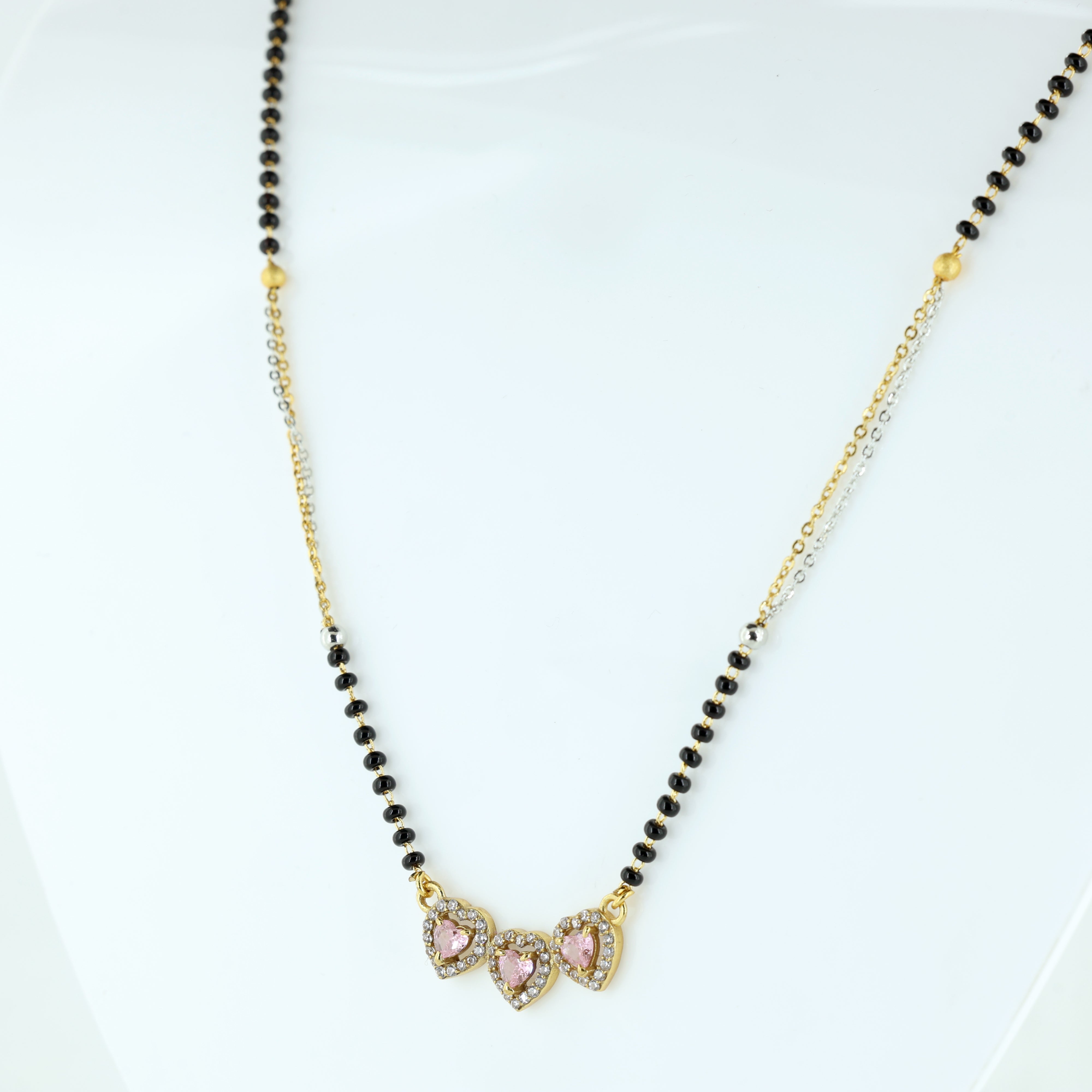 Triple Heart Pink Stone With Dual-Tone Floral Starburst Mangalsutra