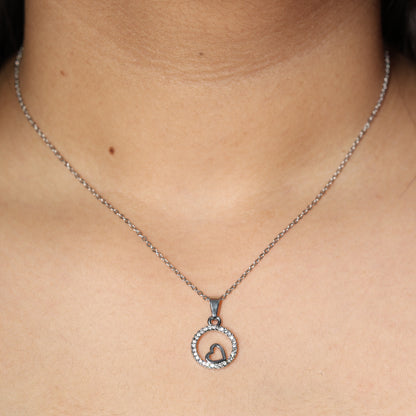 Silver Spark Heart Circle Pendant Necklace