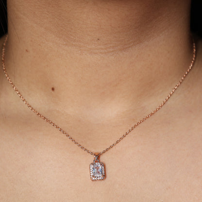 Aurora Spark Rose Gold Rectangle Crystal Pendant Necklace For Women