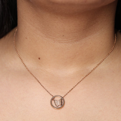 Elegant Rose Gold Butterfly Circle Pendant Necklace