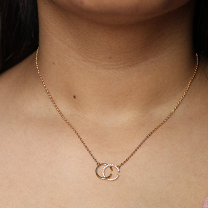 Interlocking Circle Rose Gold Pendant Necklace with Sparkling Crystals