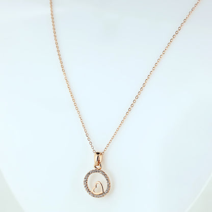 Rose Gold Heart Circle Pendant Necklace for Women