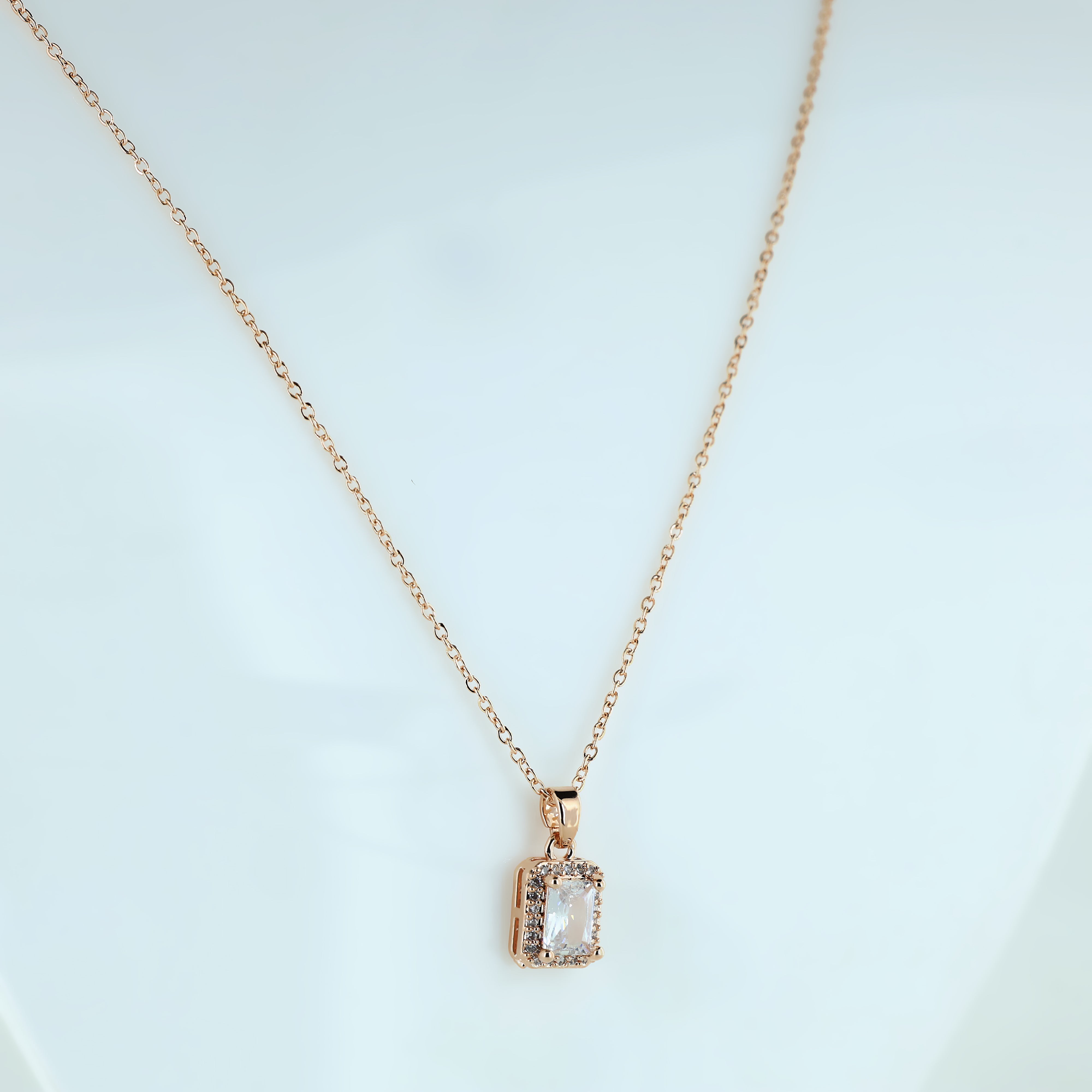 Aurora Spark Rose Gold Rectangle Crystal Pendant Necklace For Women