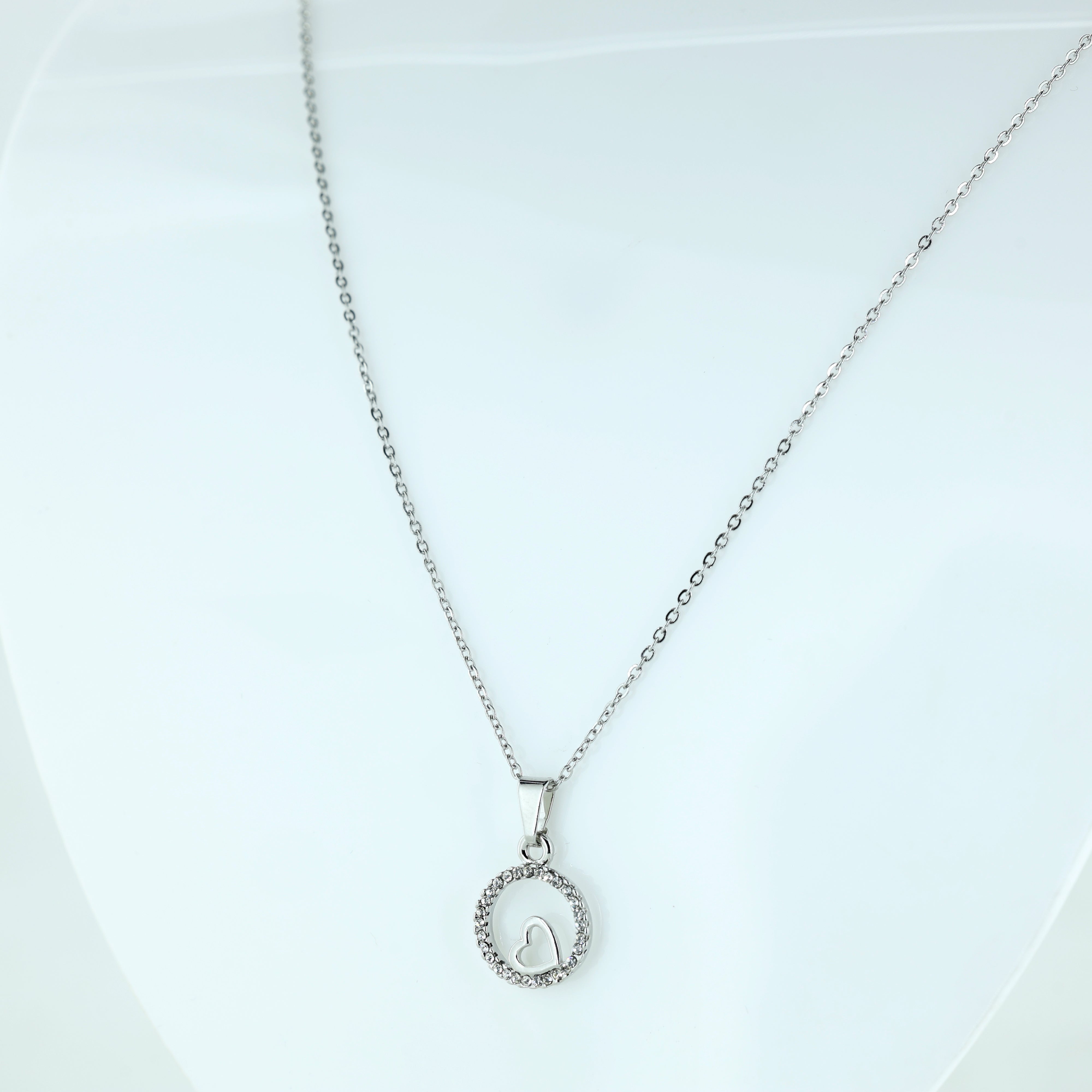 Silver Spark Heart Circle Pendant Necklace