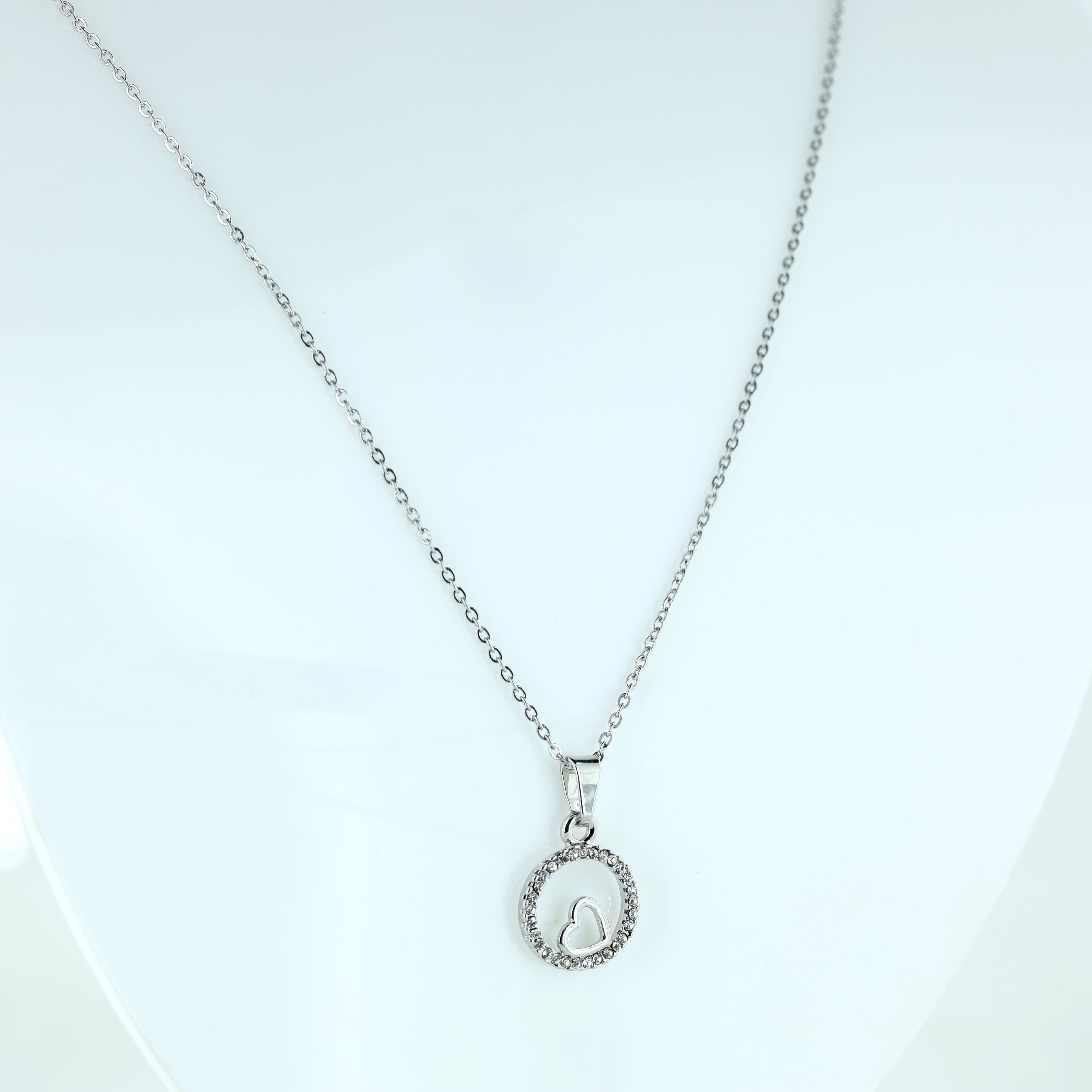 Silver Spark Heart Circle Pendant Necklace