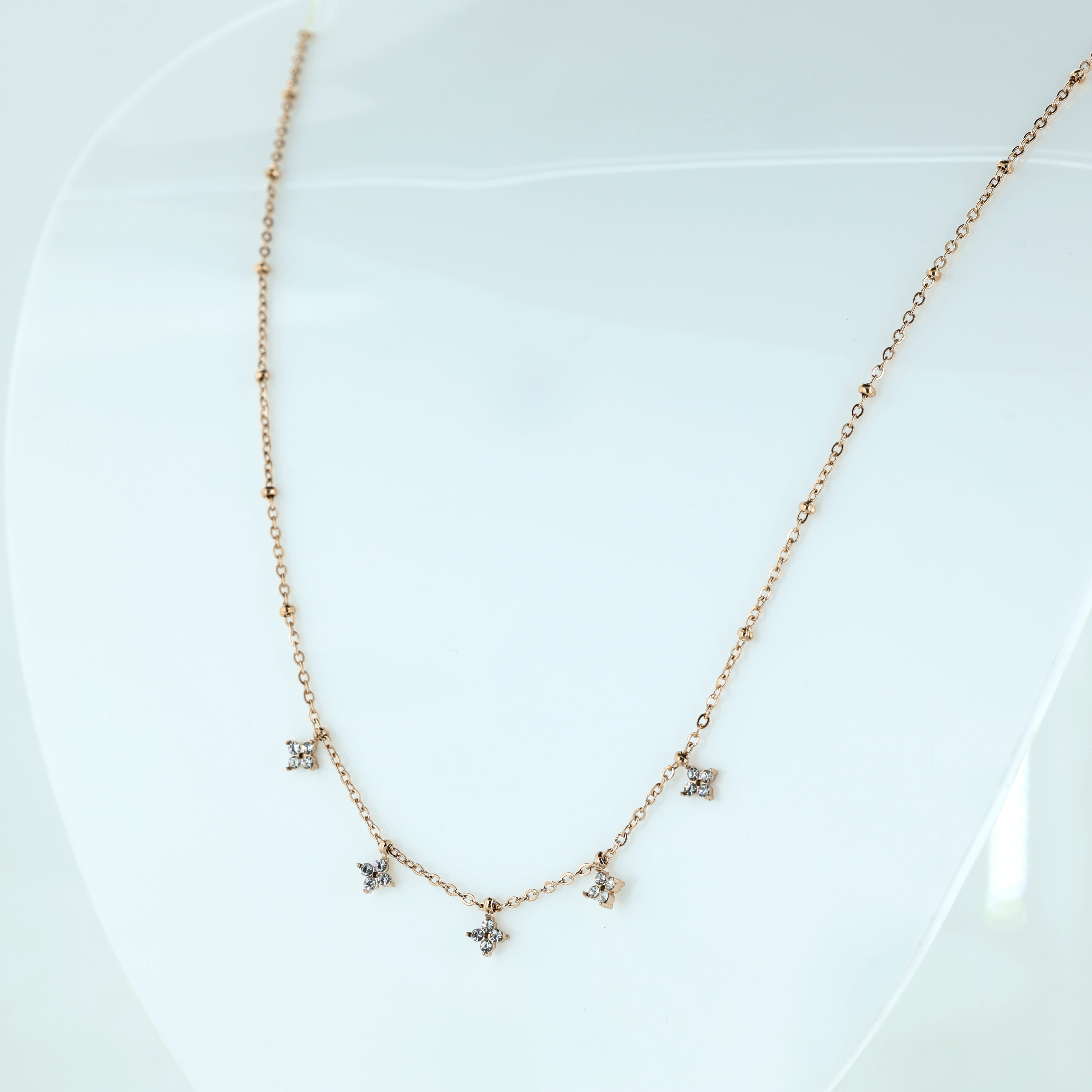 Dainty Rose Gold Floral Charm Necklace with Sparkling Stones
