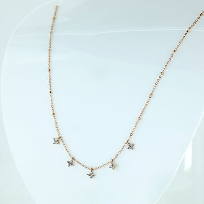 Dainty Rose Gold Floral Charm Necklace with Sparkling Stones