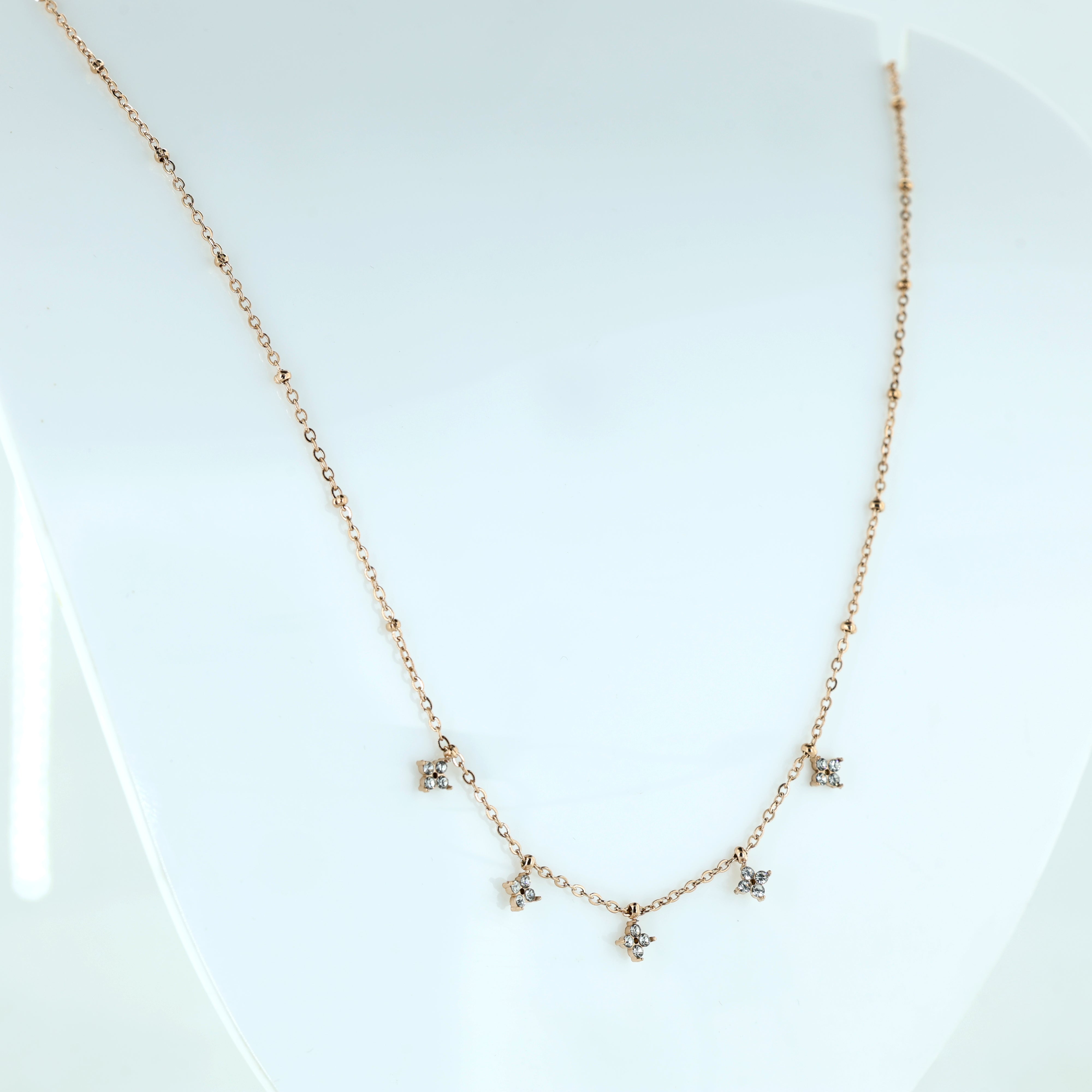 Dainty Rose Gold Floral Charm Necklace with Sparkling Stones