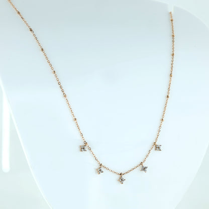 Dainty Rose Gold Floral Charm Necklace with Sparkling Stones