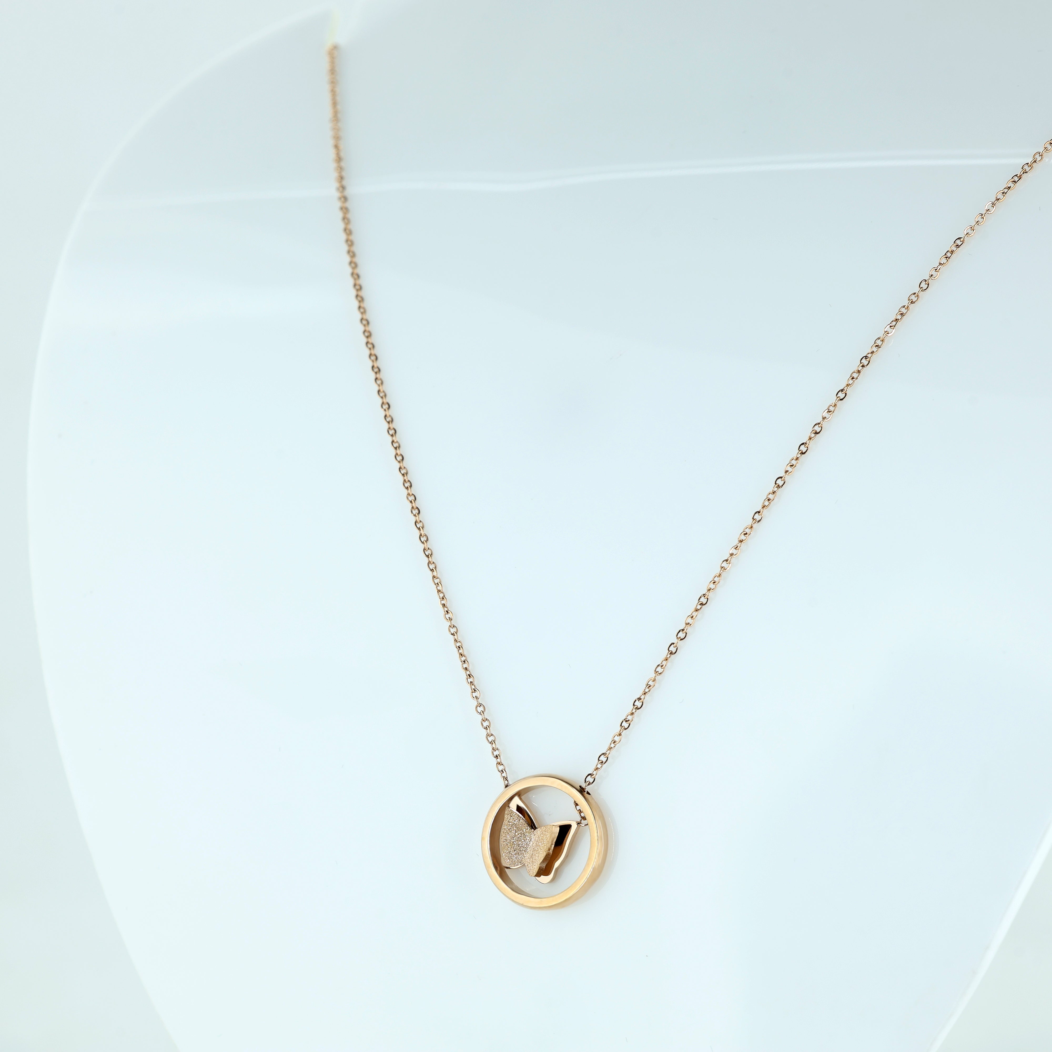 Elegant Rose Gold Butterfly Circle Pendant Necklace