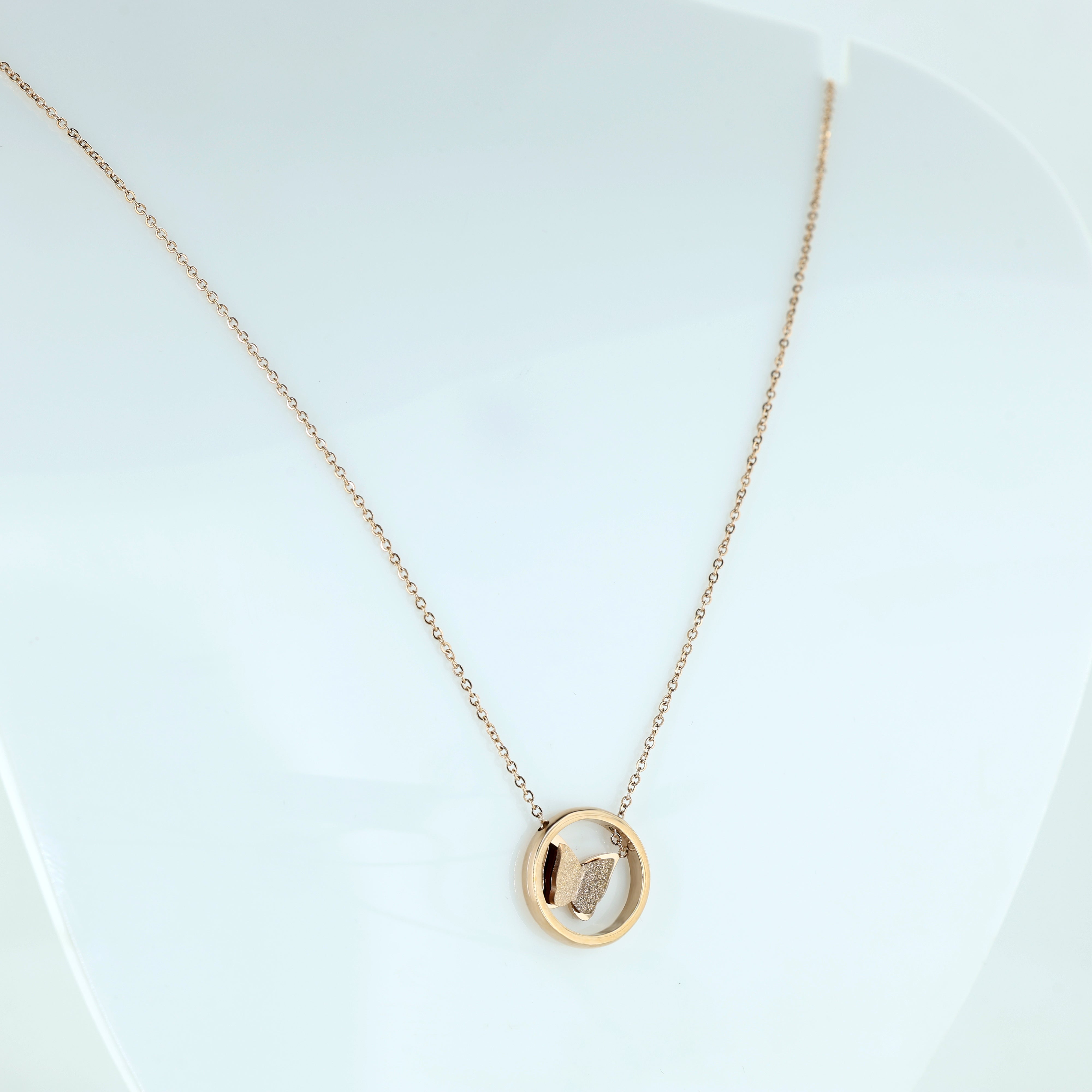 Elegant Rose Gold Butterfly Circle Pendant Necklace