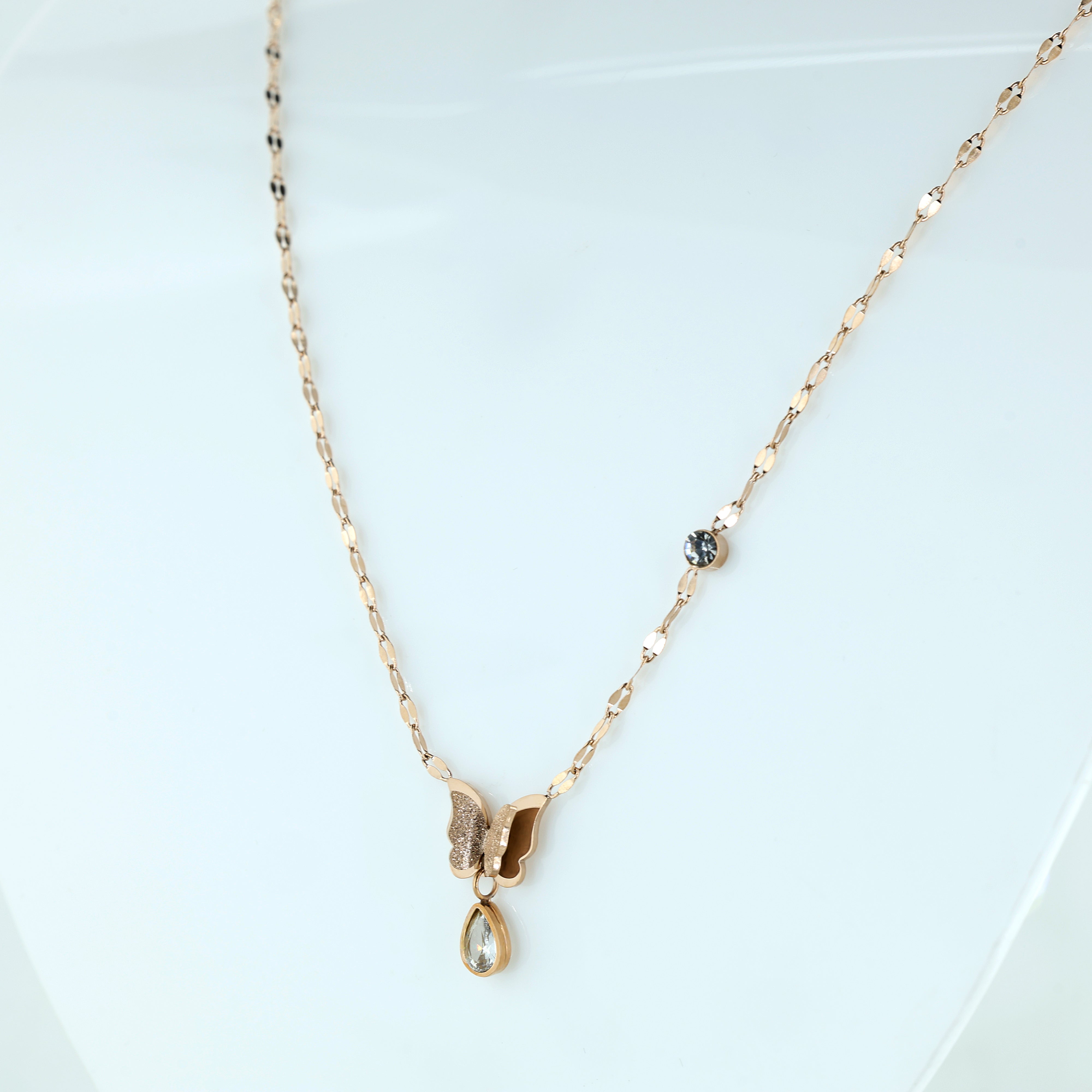 Frosted Butterfly & Teardrop Drop Necklace