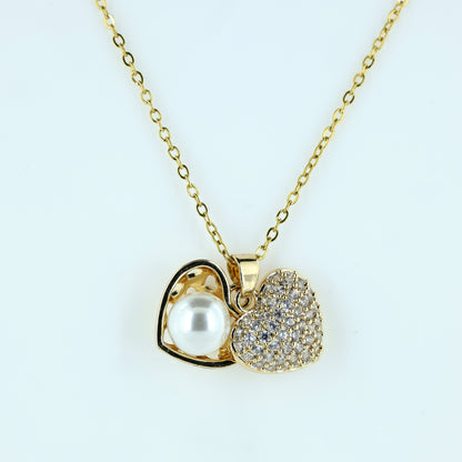 Dual Heart Pearl & Crystal Pendant Necklace