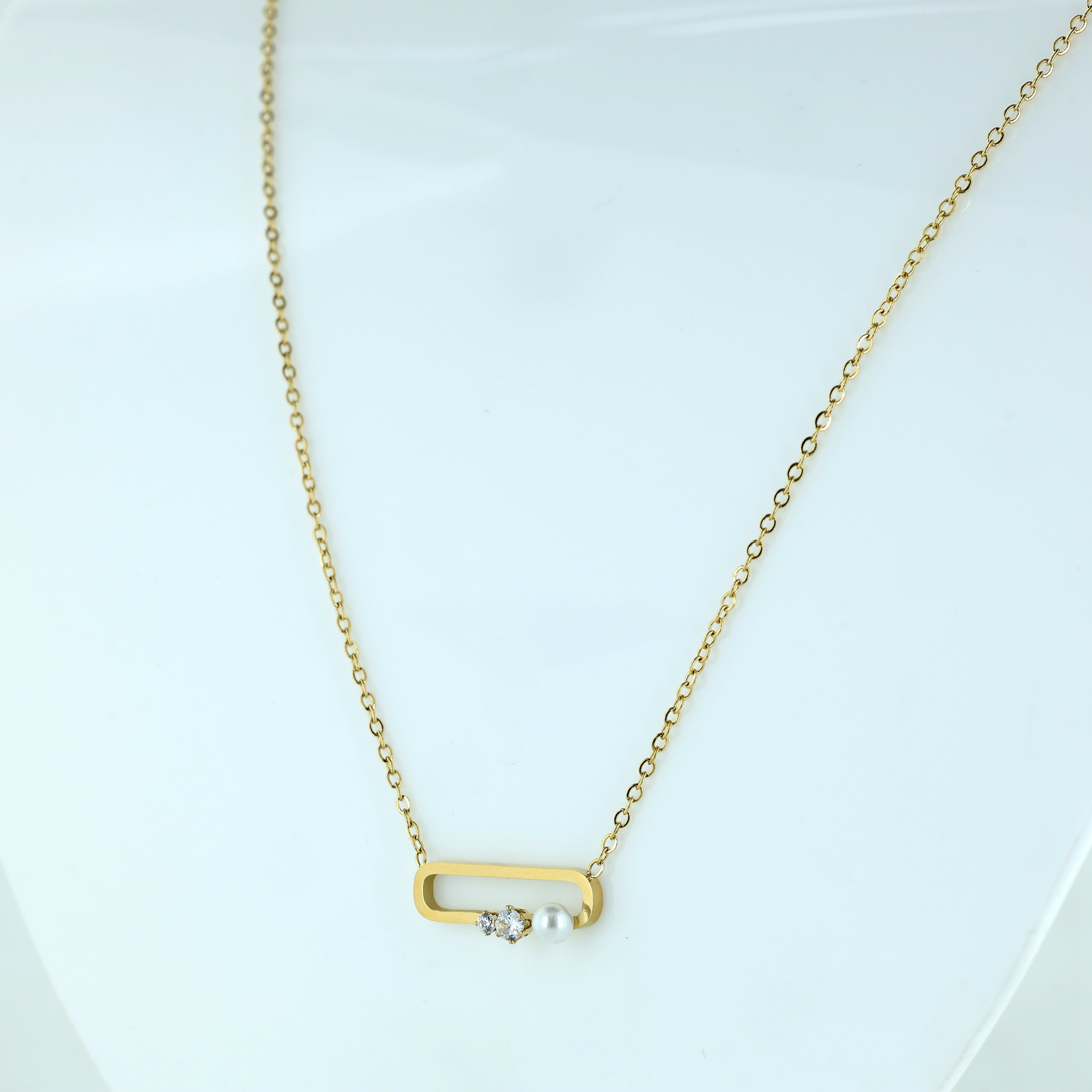 Minimalist Gold Bar Pendant Necklace with Pearl & Crystal Accent