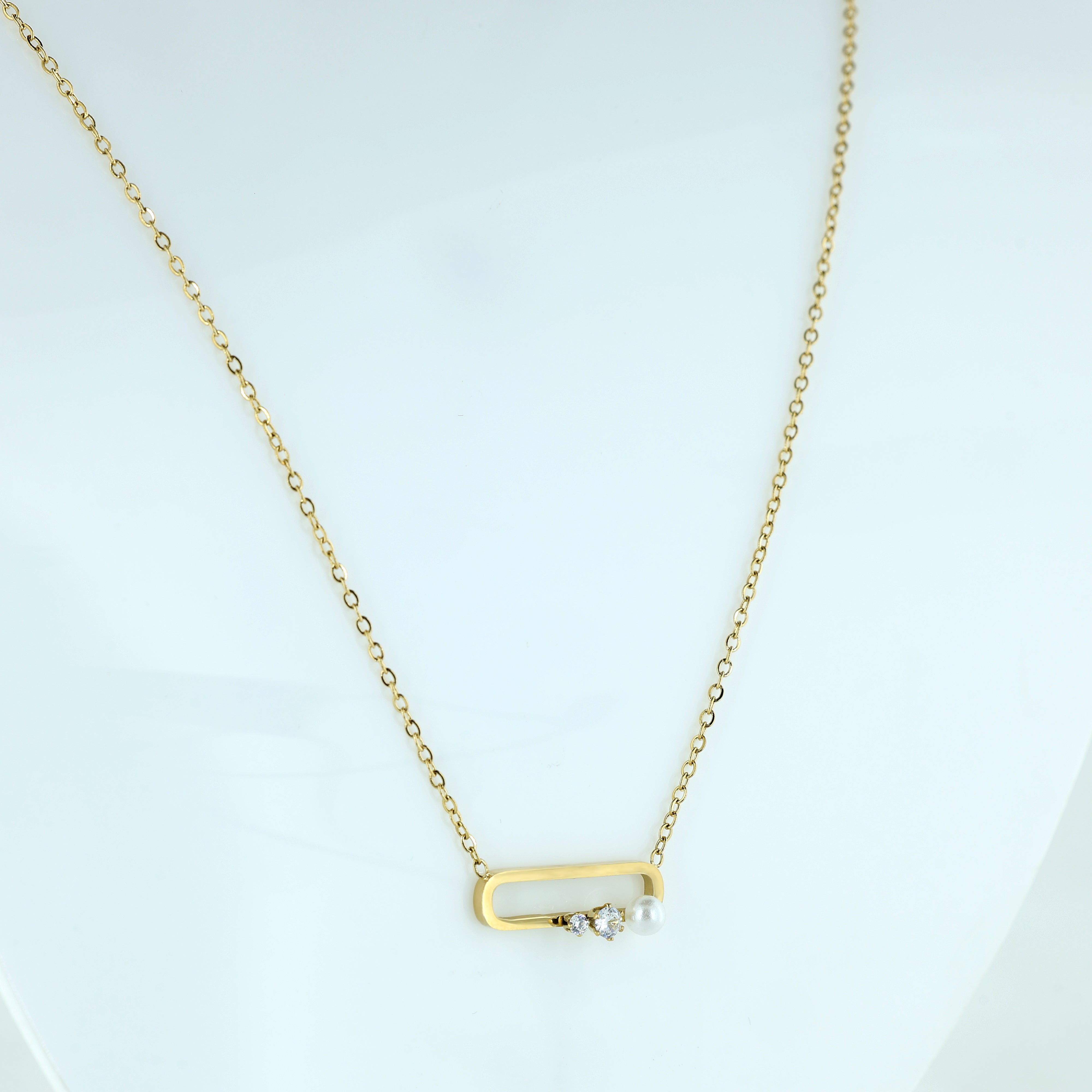 Minimalist Gold Bar Pendant Necklace with Pearl & Crystal Accent