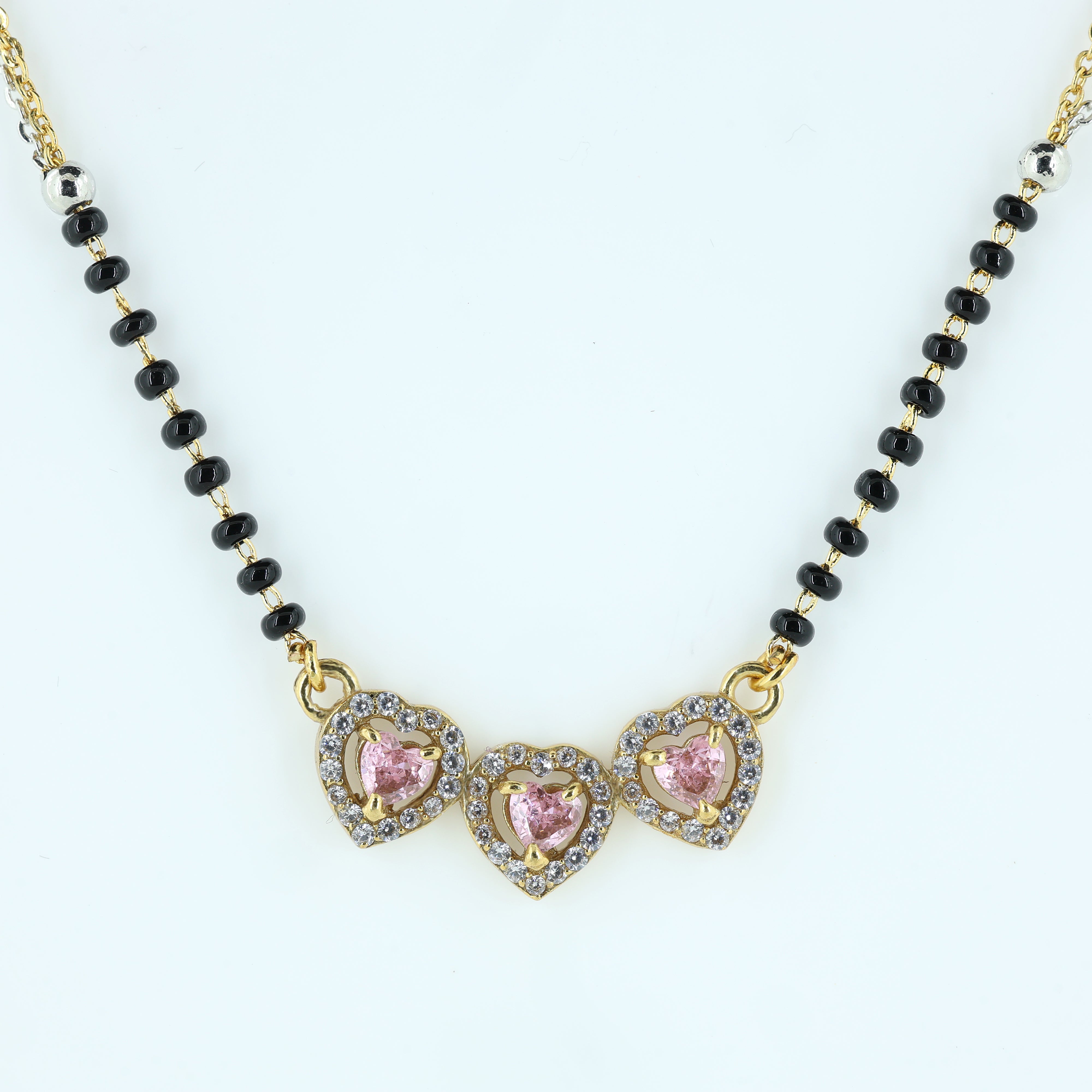 Triple Heart Pink Stone With Dual-Tone Floral Starburst Mangalsutra