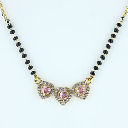 Triple Heart Pink Stone With Dual-Tone Floral Starburst Mangalsutra