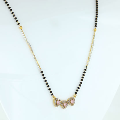 Triple Heart Pink Stone With Dual-Tone Floral Starburst Mangalsutra