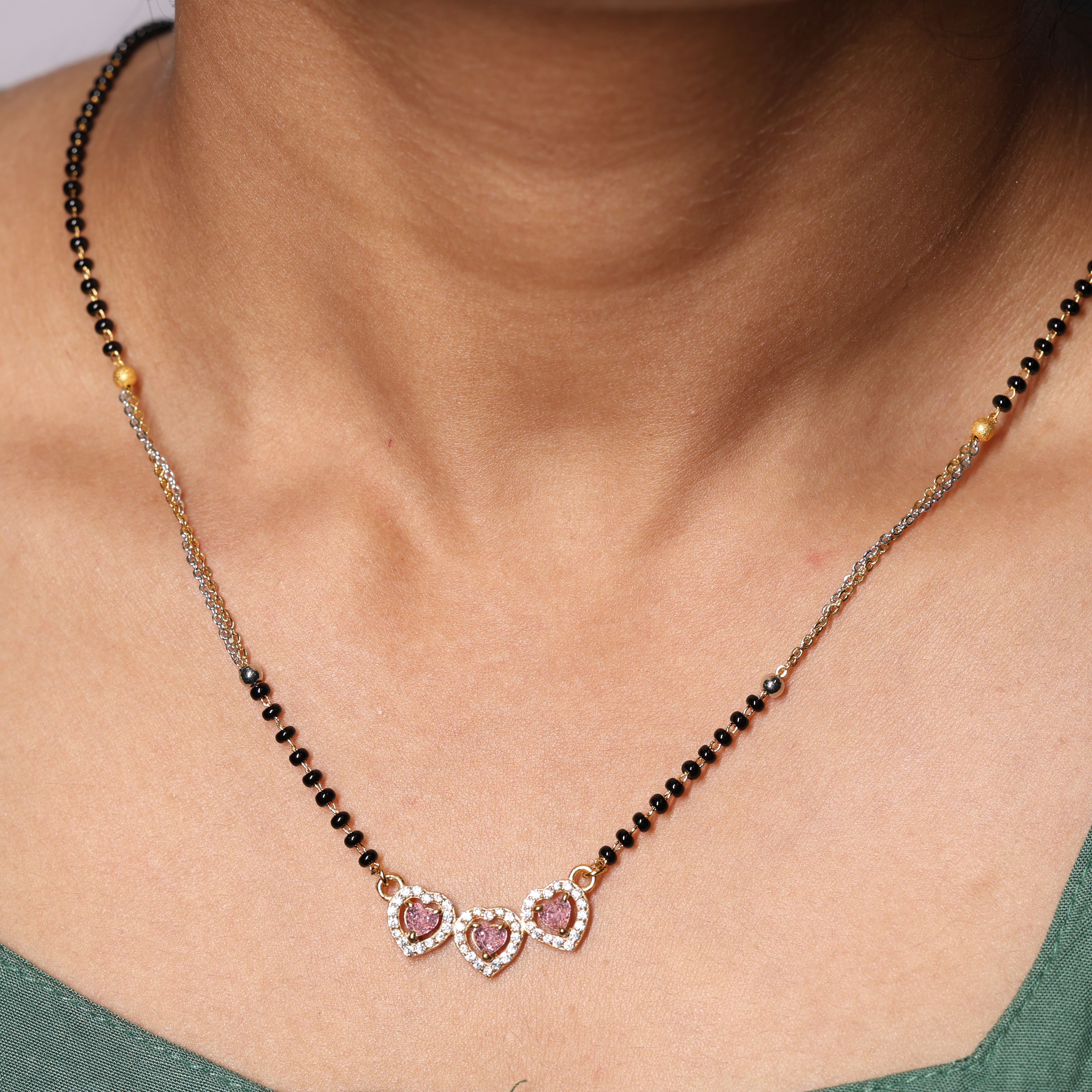 Triple Heart Pink Stone With Dual-Tone Floral Starburst Mangalsutra