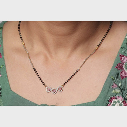 Triple Heart Pink Stone With Dual-Tone Floral Starburst Mangalsutra