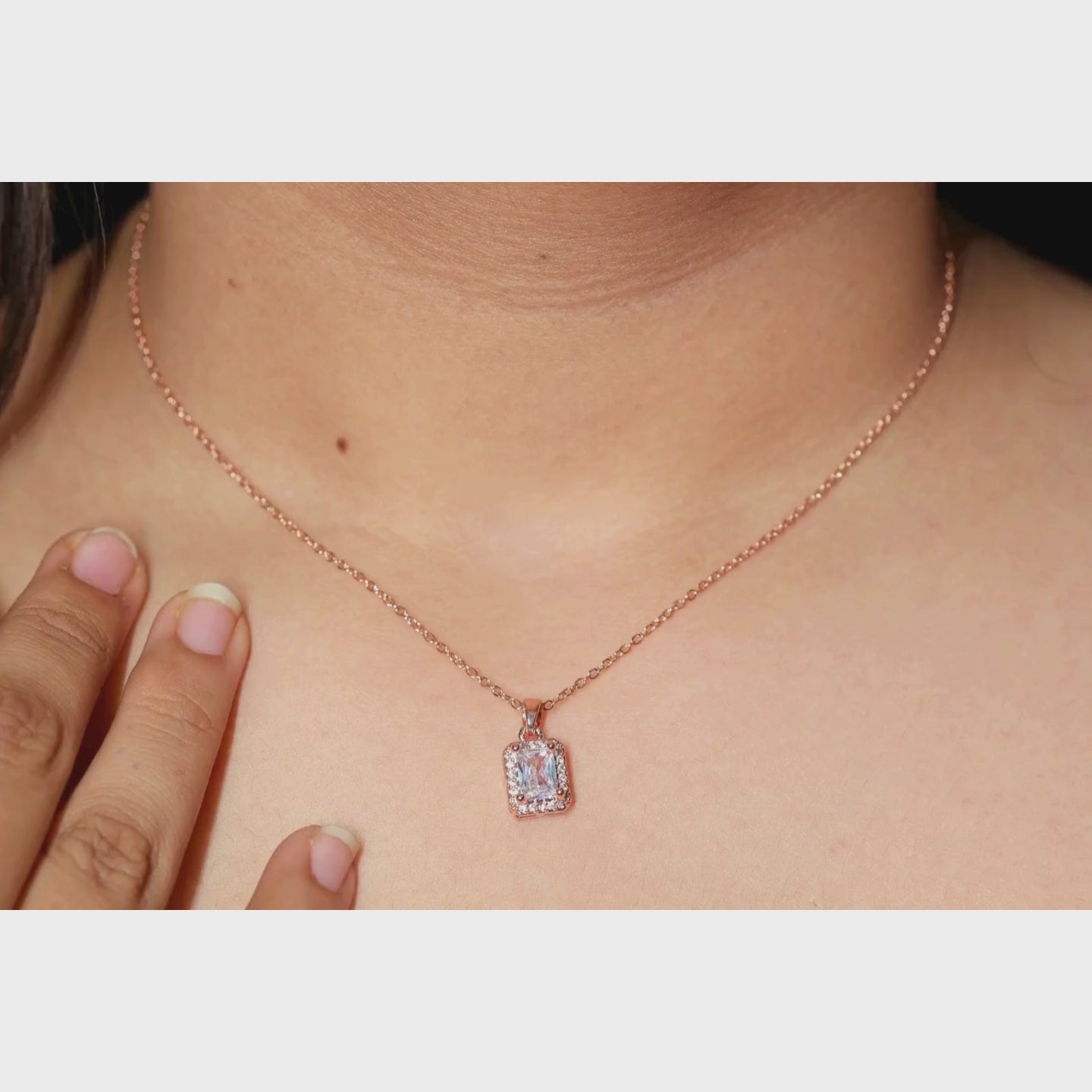 Load video: Aurora Spark Rose Gold Rectangle Crystal Pendant Necklace For Women