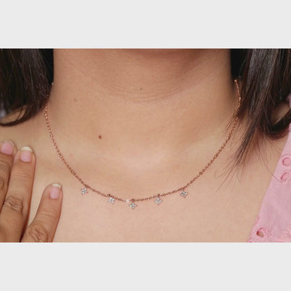 Dainty Rose Gold Floral Charm Necklace with Sparkling Stones